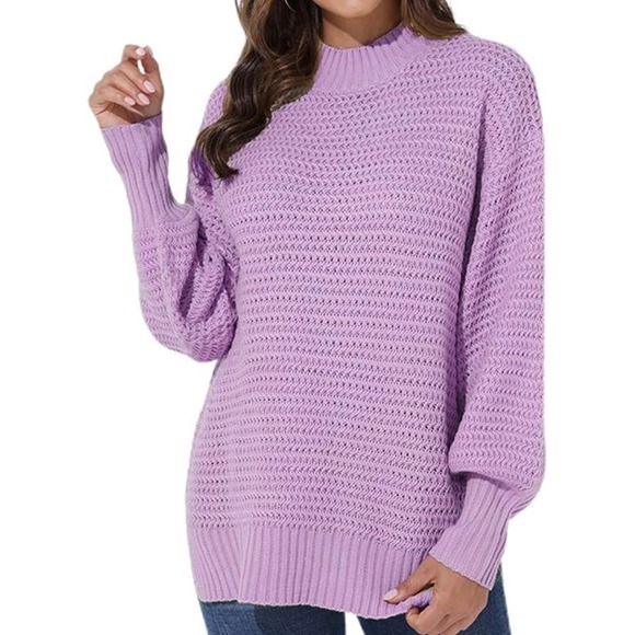 Sweaters - Womens Lavender Purple Mock Neck Oversized Knit Sweater Lantern Sleeve Pullover